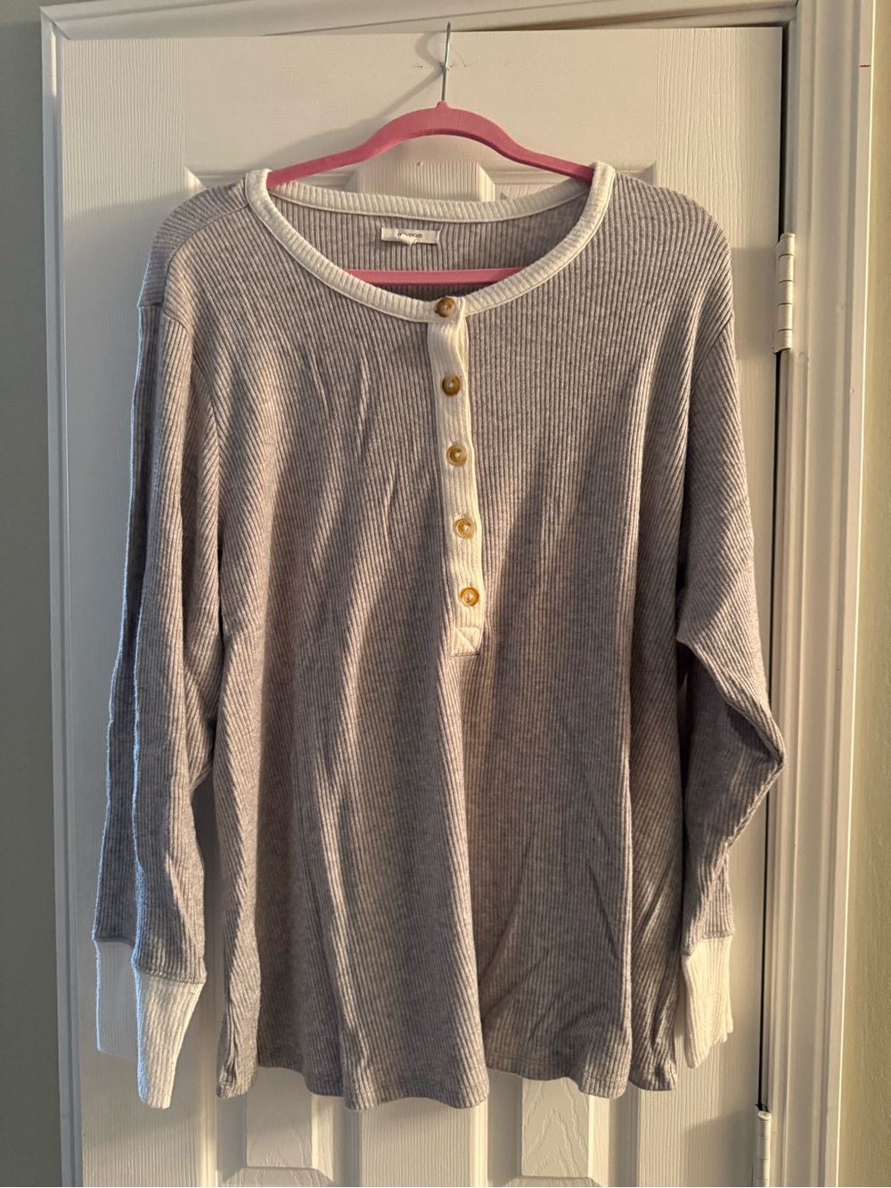 Maurices Ribbed Henley Long-Sleeve Top - Light Gray with Cream Trim